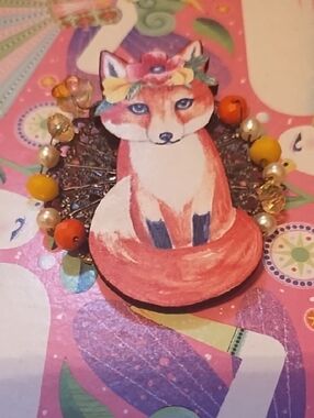 Handcrafted Wooden Fox Brooch with Beads